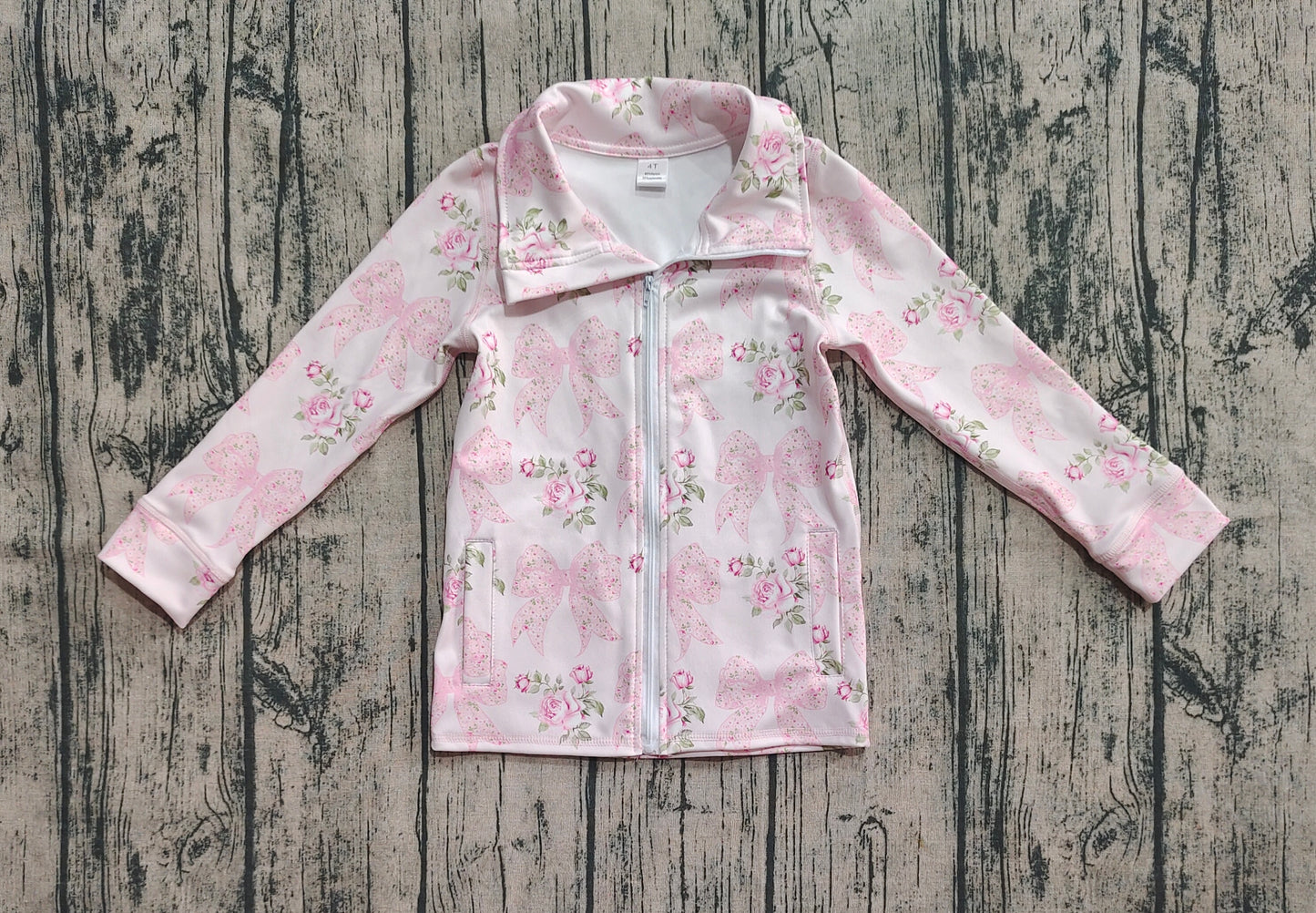 Baby Girls Long Sleeves Pink Floral Bows Zipper Pockets Yoga Jacket Top