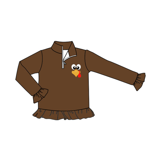 Baby Girls Brown Long Ruffle Sleeves Zipper Turkey Polo Shirts Top Preorder