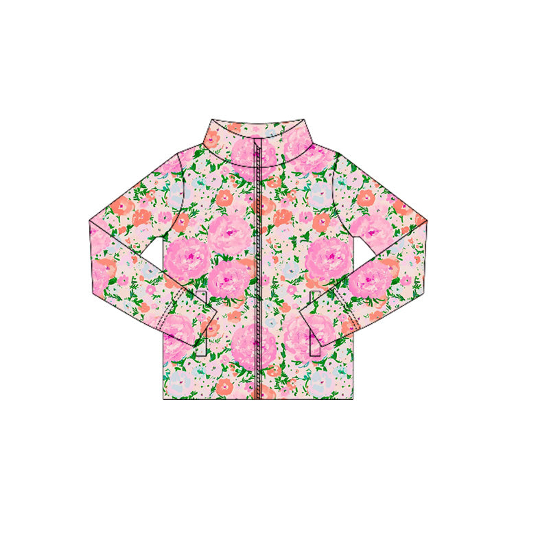 Baby Girls Long Sleeves Pink Floral Zipper Pockets Yoga Jacket Top Preorder