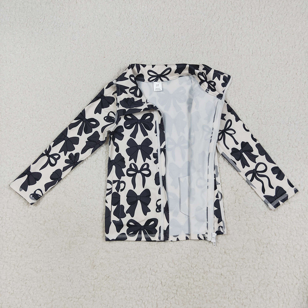 Baby Girls Long Sleeves Black Bows Zipper Pockets Yoga Jacket Tops