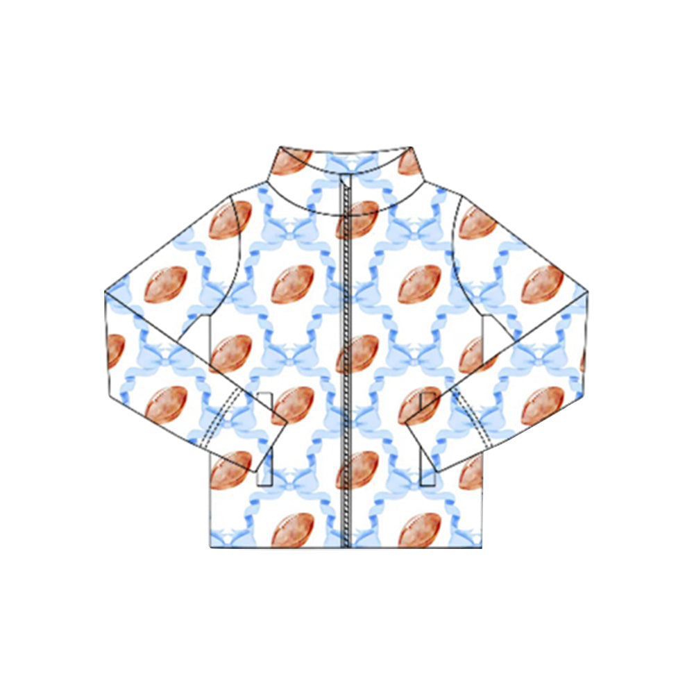 Baby Girls Long Sleeves Blue Bows Footballs Plaid Zipper Pockets Jacket Top Preorder