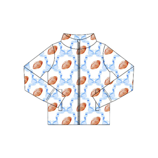 Baby Girls Long Sleeves Blue Bows Footballs Plaid Zipper Pockets Jacket Top Preorder