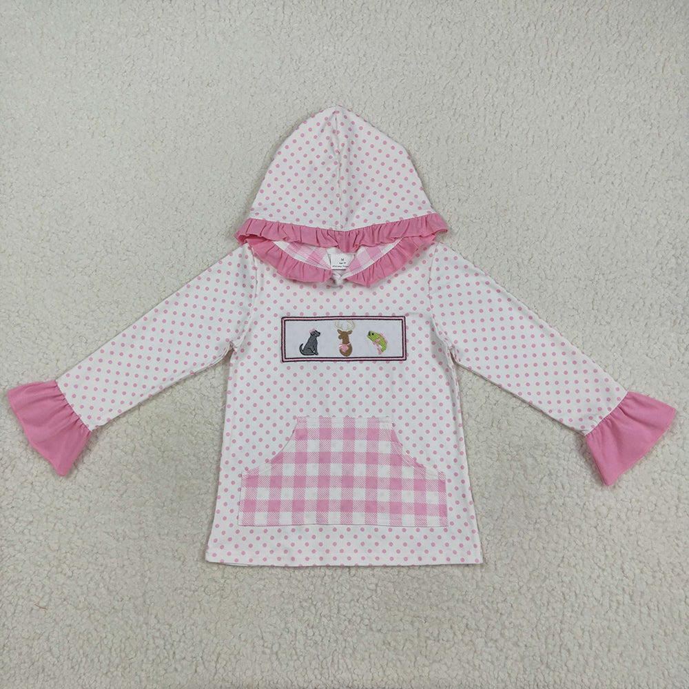 Embroidery Dogs Deer Fish Baby Girls Polka Dots Pocket Hoodies Top