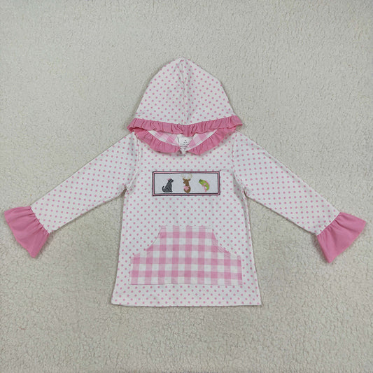 Embroidery Dogs Deer Fish Baby Girls Polka Dots Pocket Hoodies Top
