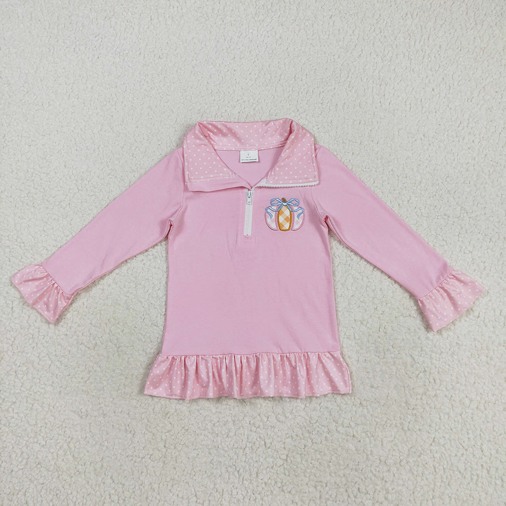 Embroidery Pumpkins Baby Girls Pink Zipper Fall Pullover Top