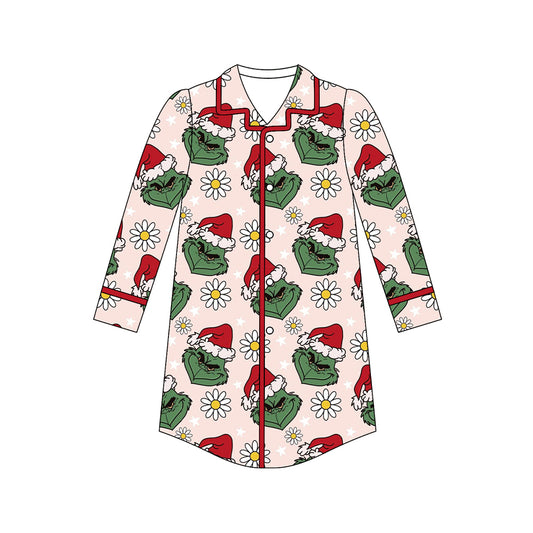 Adult Women Long Sleeves Green Face Flowers Button Shirts Top Preorder