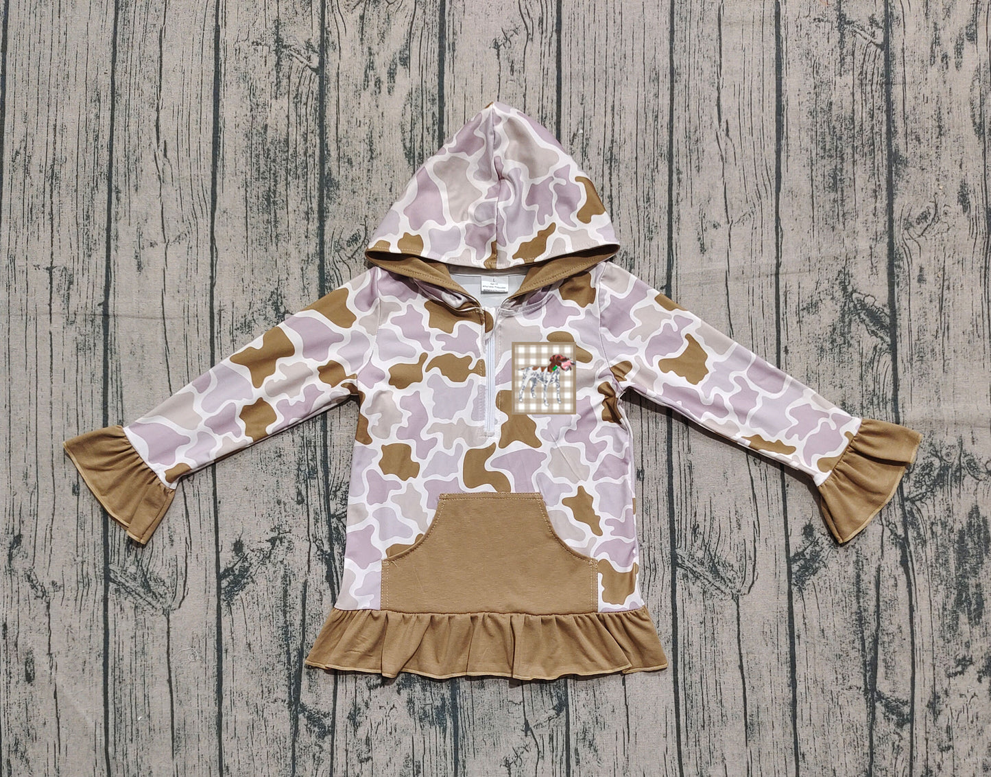 Embroidery Dog Ducks Baby Girls Brown Camo Pocket Zip Hunting Hoodies Top