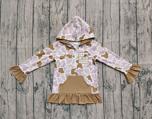 Embroidery Dog Ducks Baby Girls Brown Camo Pocket Zip Hunting Hoodies Top