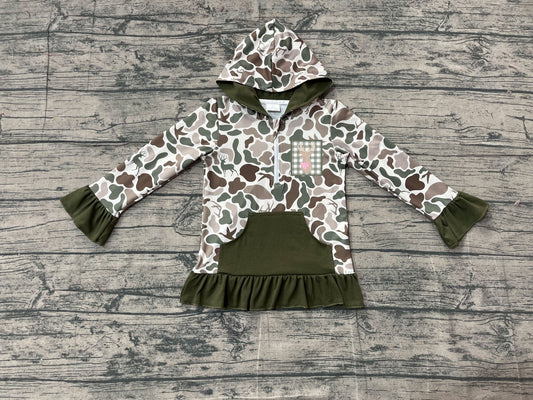 Embroidery Deer Baby Girls Green Camo Pockets Zipper Hunting Hoodies Top