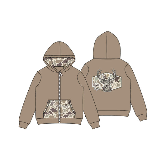 Baby Girls Western Brown Camo Deer Pocket Zipper Hoodies Preorder