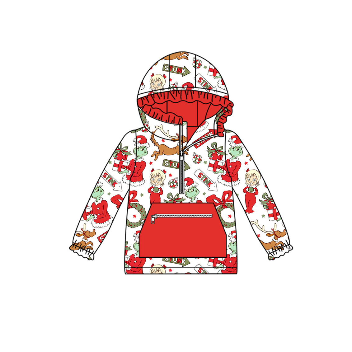 Baby Girls Christmas Green Face Holly Pockets Zipper Hoodies Preorder