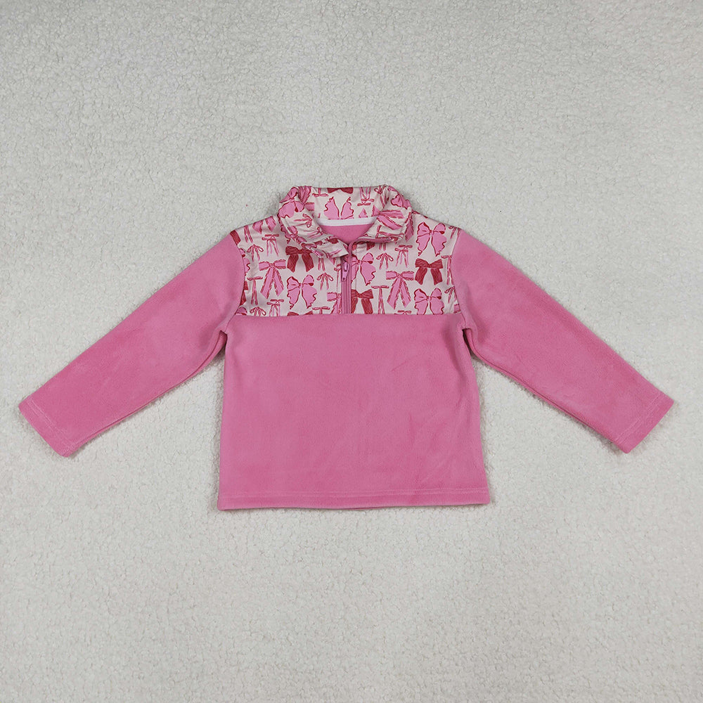 Baby Girls Pink Bows Plaid Quatrefoil Zipper Pullover Sherpa Tops