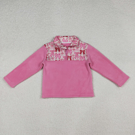Baby Girls Pink Bows Plaid Quatrefoil Zipper Pullover Sherpa Tops