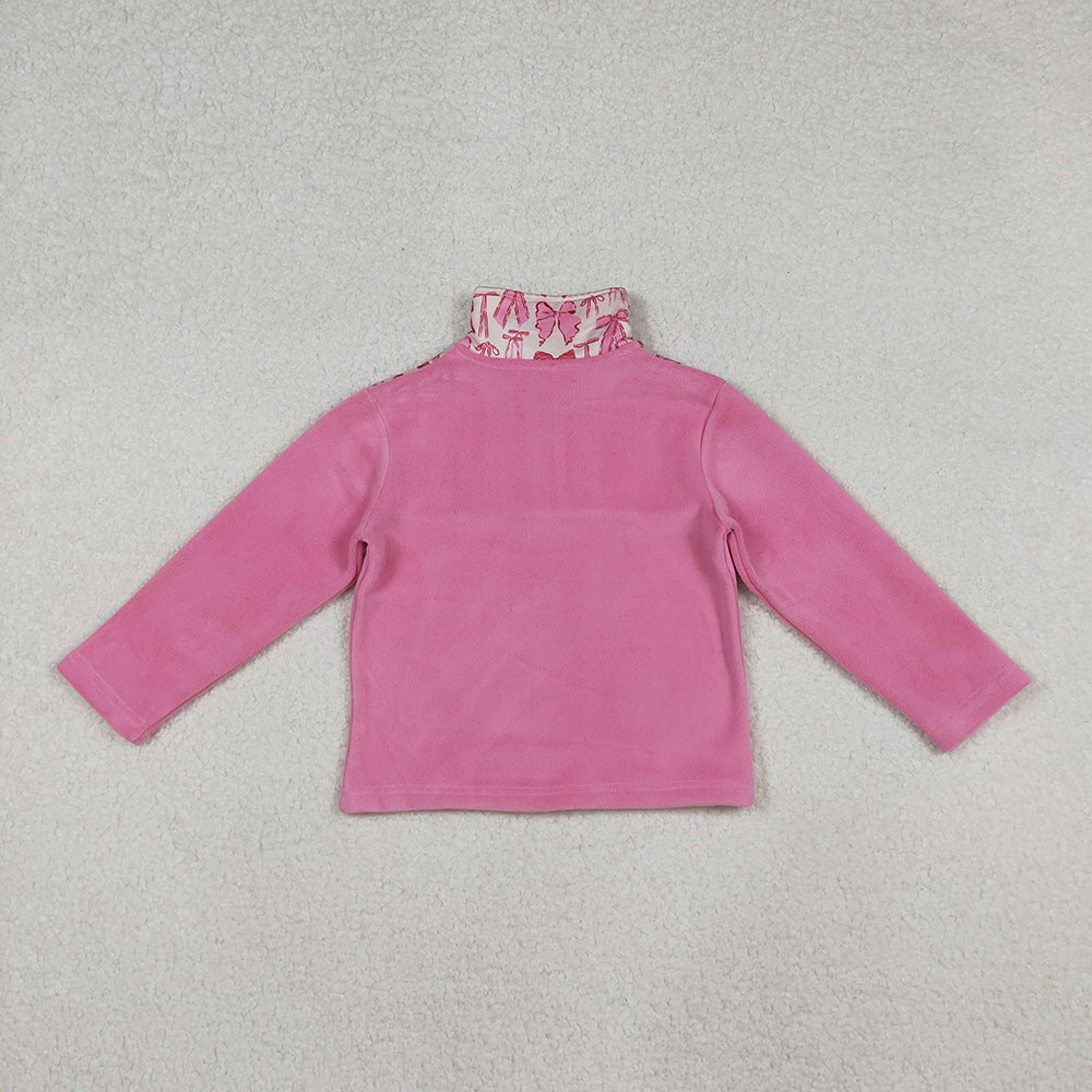 Baby Girls Pink Bows Plaid Quatrefoil Zipper Pullover Sherpa Tops