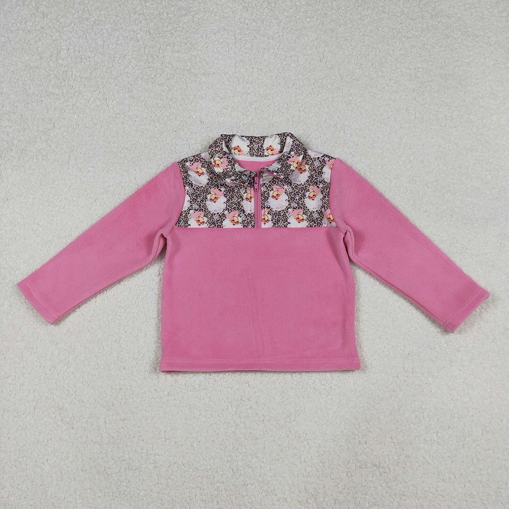 Baby Girls Santa Leopard Christmas Half Zipper Pullover Sherpa Tops