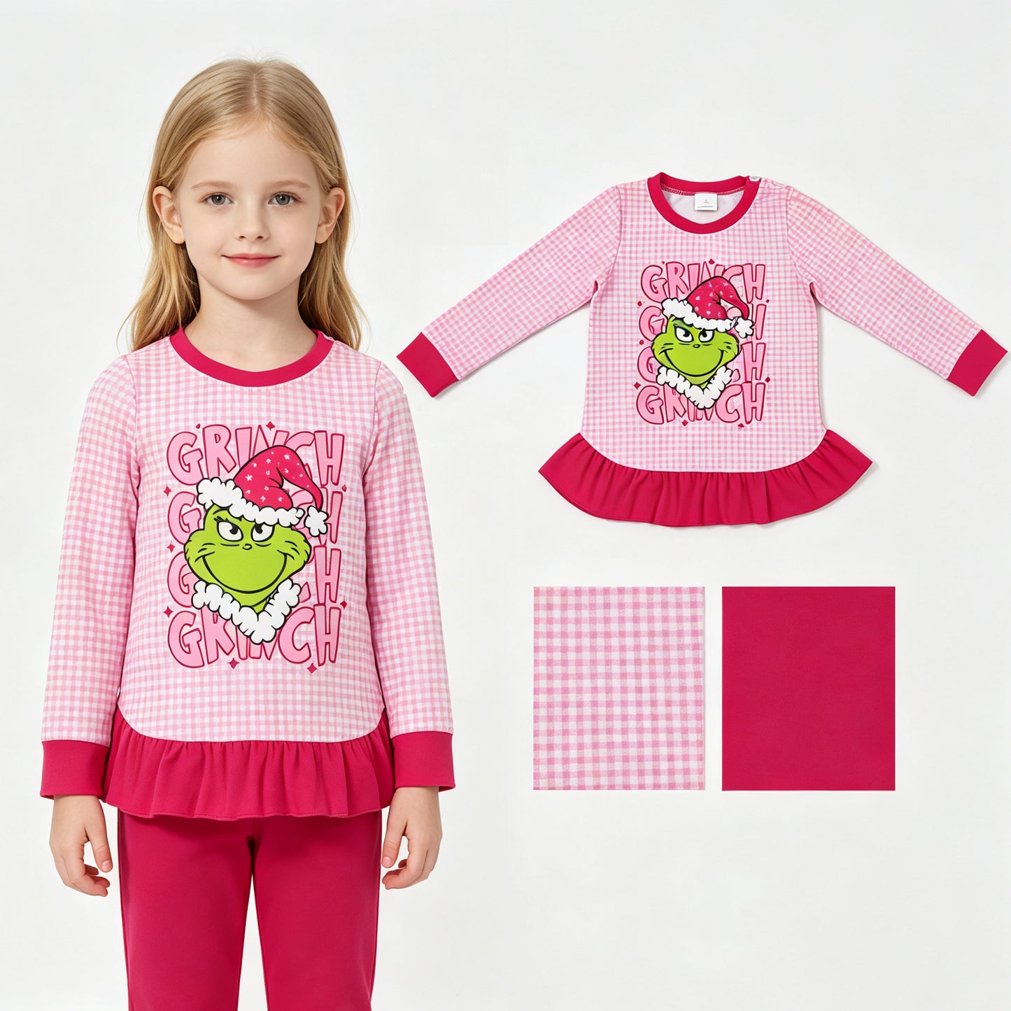 Baby Girls Pink Checked Green Face Christmas Ruffle T-shirts Top