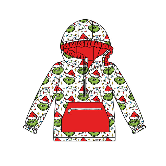 Baby Girls Christmas Lights Green Face Plaid Pocket Zipper Hoodies Top Preorder
