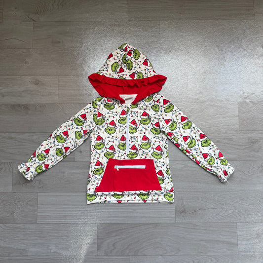 Baby Girls Christmas Lights Green Face Plaid Pocket Zipper Hoodies Top Preorder