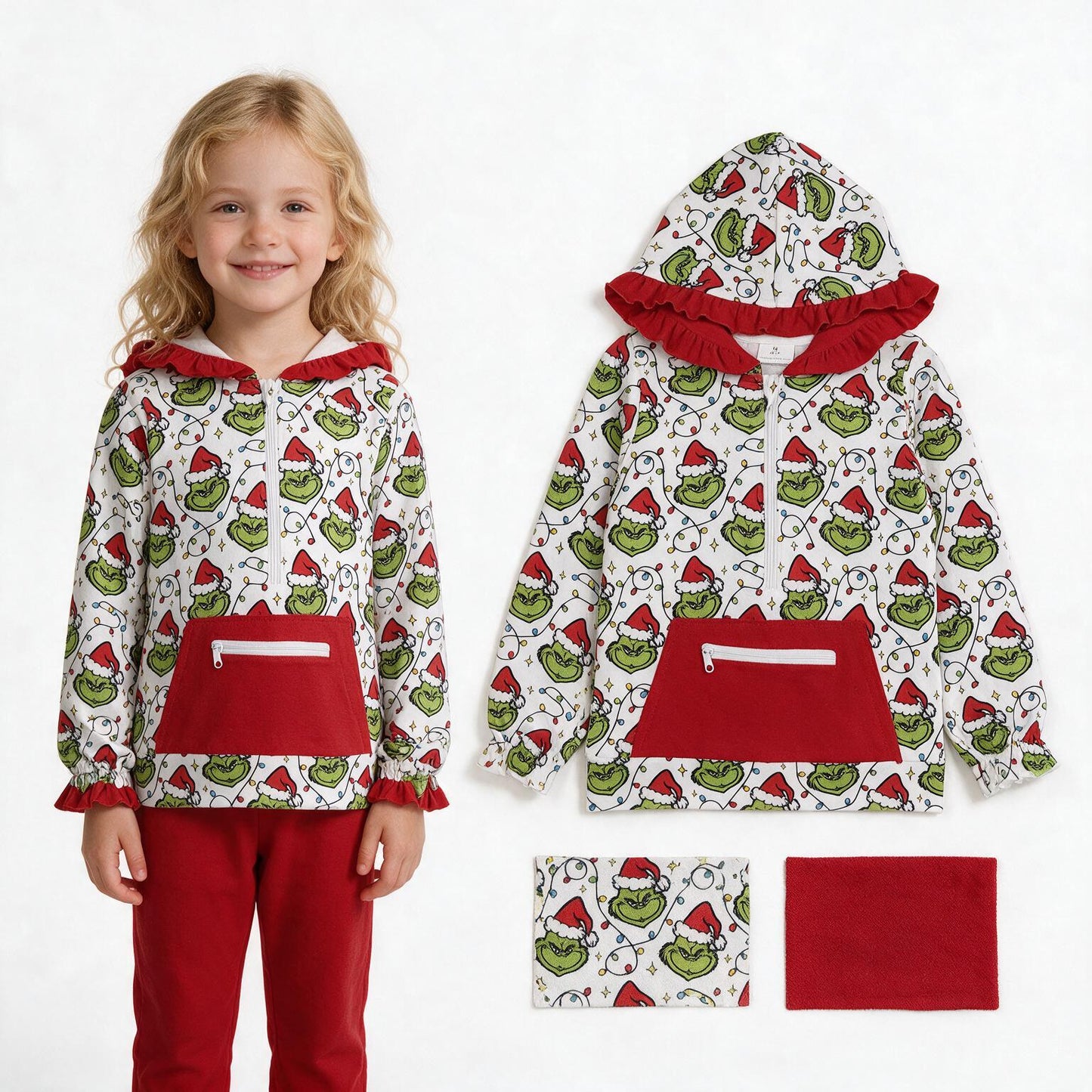 Baby Girls Green Frogs Lights Pocket Zip Christmas Ruffle Hoodies Top