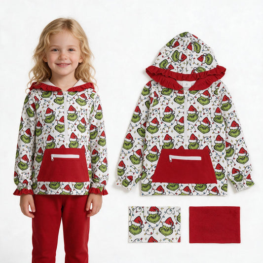 Baby Girls Green Frogs Lights Pocket Zip Christmas Ruffle Hoodies Top