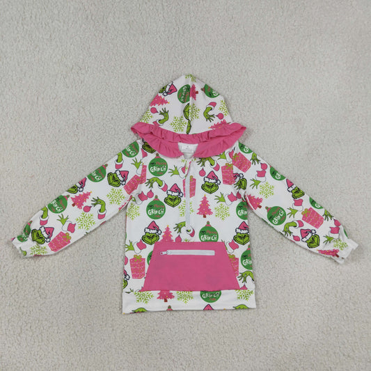 Baby Girls Green Face Gifts Pocket Zip Christmas Ruffle Hoodies Top