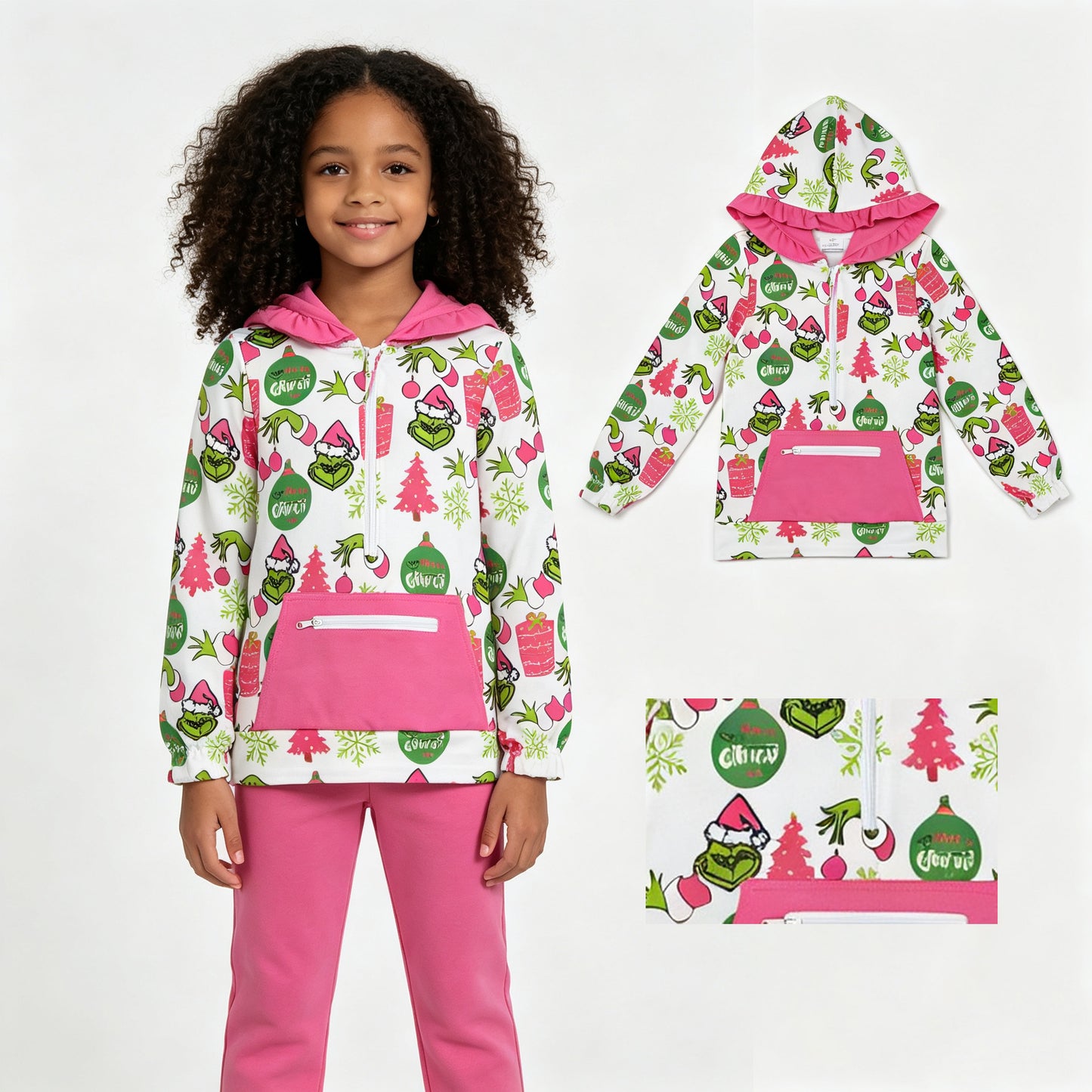 Baby Girls Green Face Gifts Pocket Zip Christmas Ruffle Hoodies Top