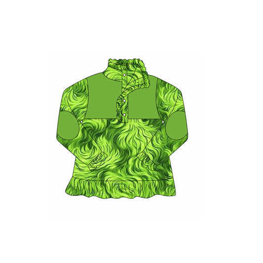 Baby Girls Green Fur Print Button Christmas Pullovers Top Preorder