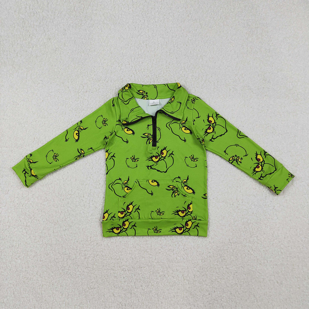 Baby Kids Green Face Pockets Zipper Christmas Pullovers Tops
