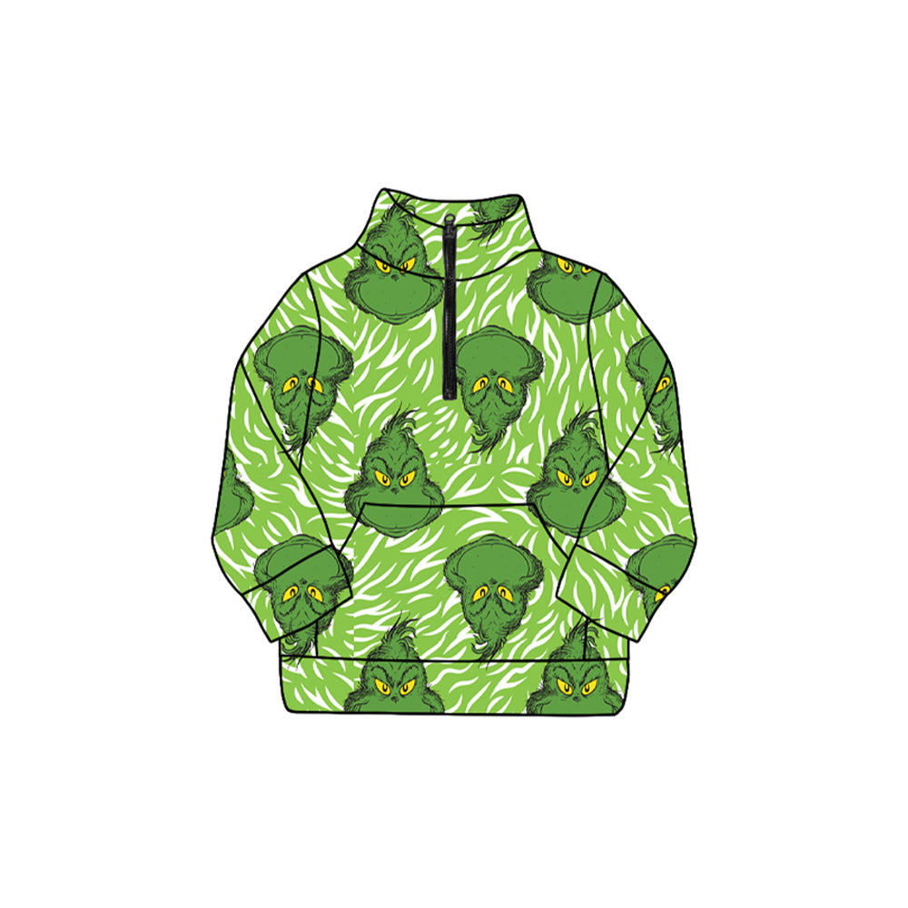 Baby Girls Green Face Fur Print Pockets Zipper Christmas Pullovers Top Preorder