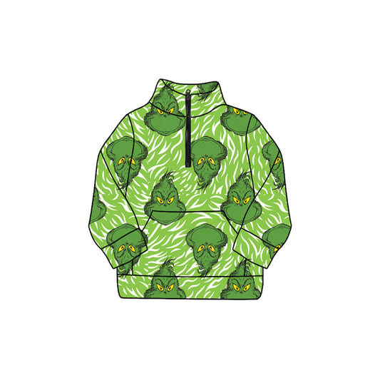 Baby Girls Green Face Fur Print Pockets Zipper Christmas Pullovers Top Preorder
