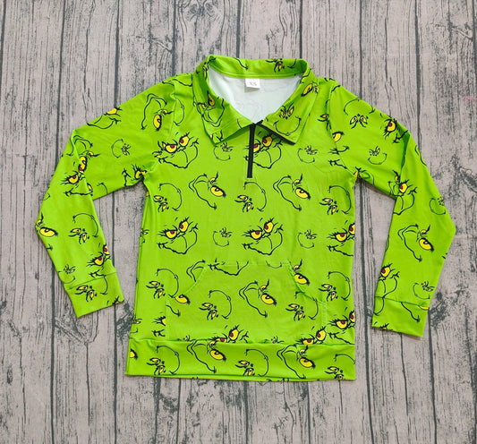 Adult Women Green Face Plaid Pocket Zipper Christmas Pullover Top