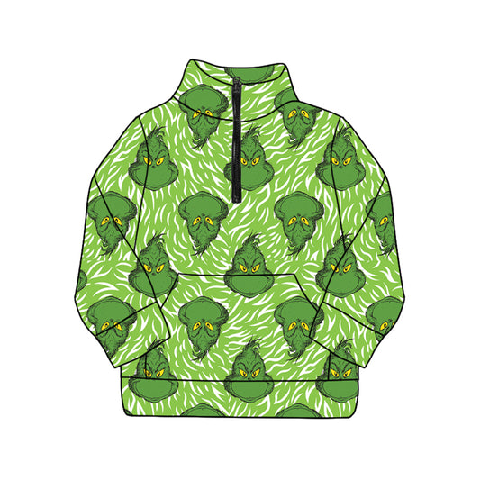 Adult Women Green Face Fur Pocket Zipper Pullover Tops