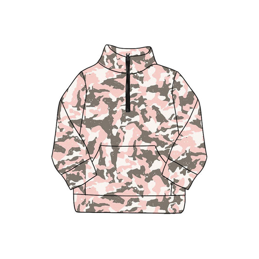 Adult Women Pink Gray Camo Pocket Zipper Yoga Pullover Tops