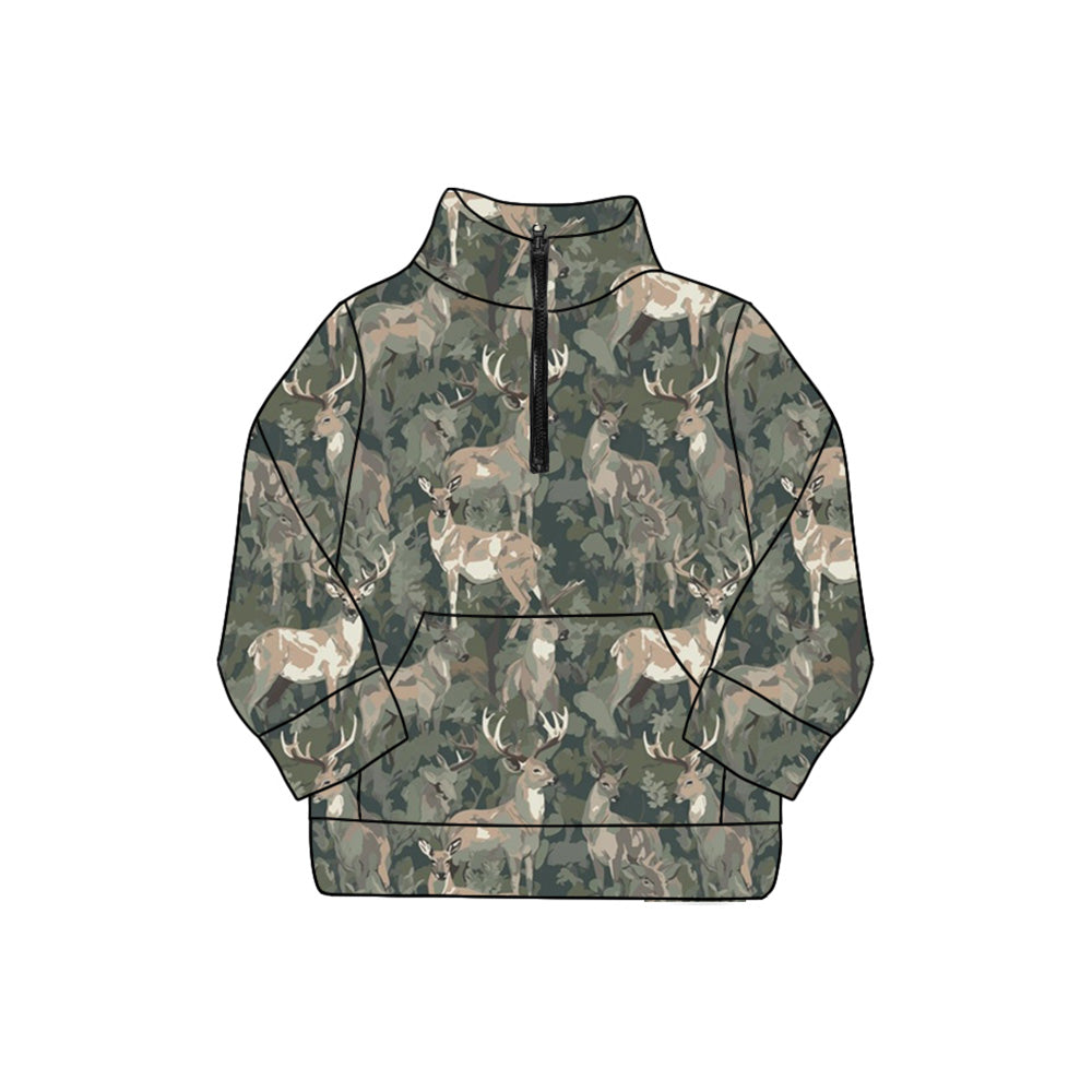 Adult Women Olive Deer Camo Pocket Zipper Yoga Pullover Tops