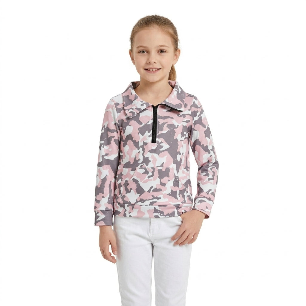 Baby Girls Long Sleeve Pink Grey Camo Yoga Active Pockets Zip Pullovers Top