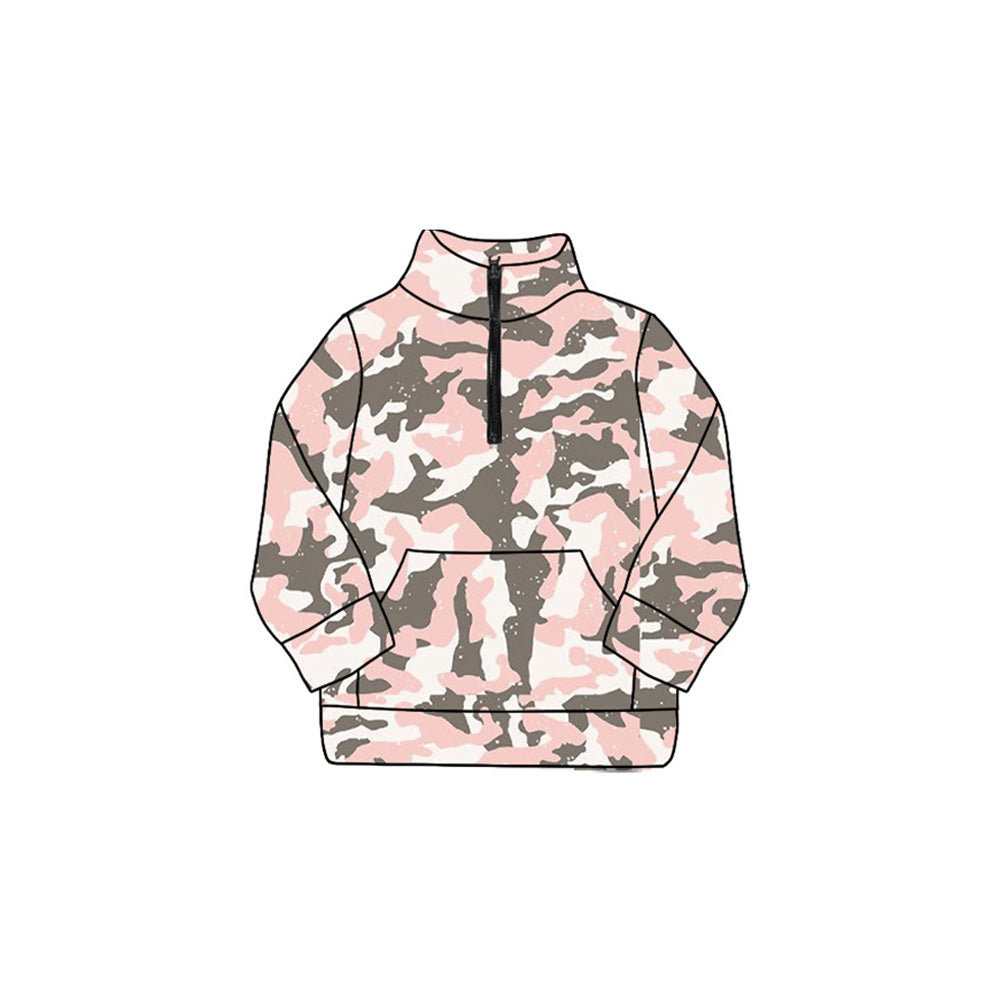 Baby Girls Pink Gray Camo Pockets Zipper Yoga Pullovers Top Preorder