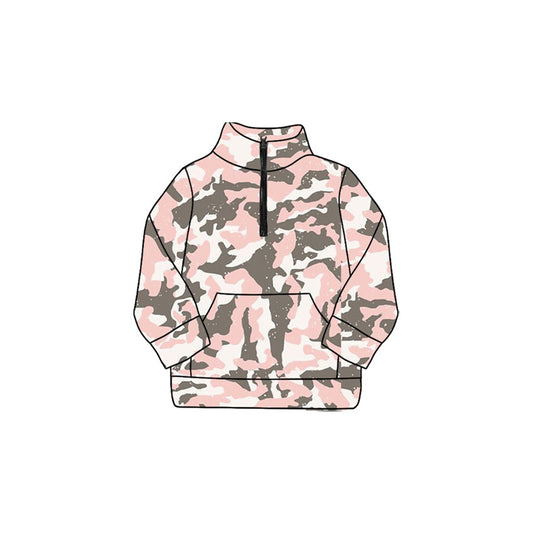 Baby Girls Pink Gray Camo Pockets Zipper Yoga Pullovers Top Preorder
