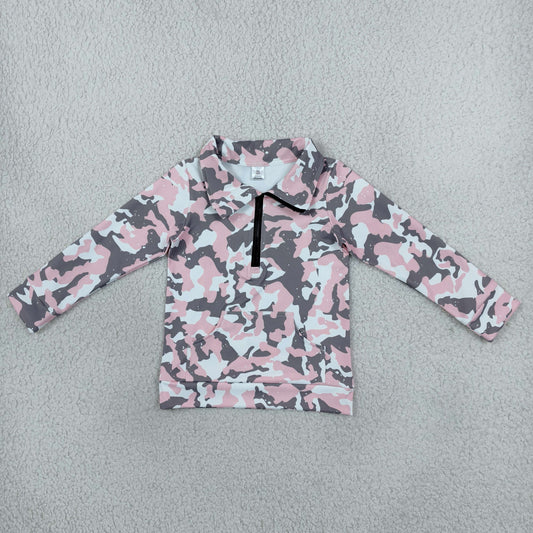 Baby Girls Long Sleeve Pink Grey Camo Yoga Active Pockets Zip Pullovers Top