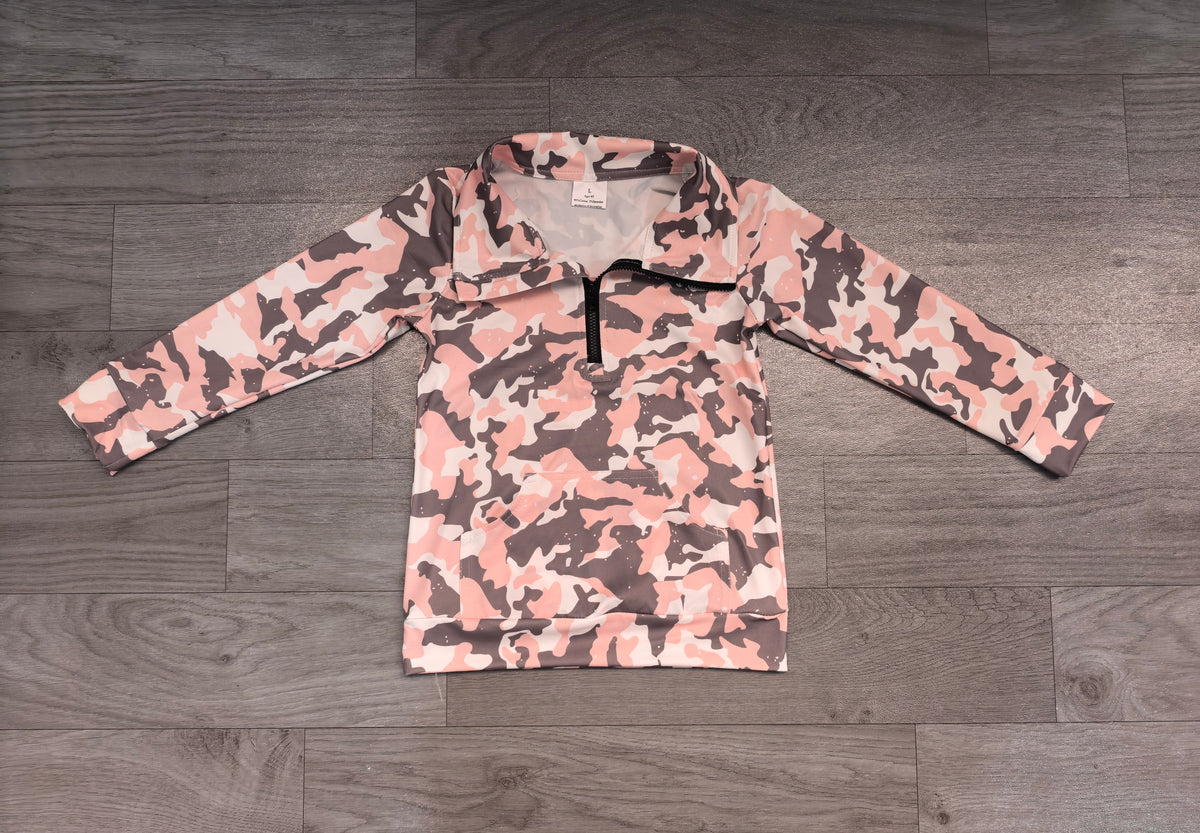 Baby Girls Pink Grey Camo Pockets Zip Yoga Active Pullovers Top Preorder