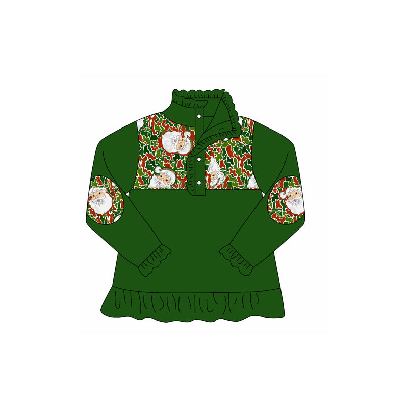 Baby Girls Green Button Santa Camo Christmas Pullovers Top Preorder