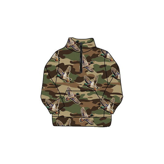 Baby Girls Olive Brown Camo Ducks Zipper Pockets Yoga Pullovers Top Preorder