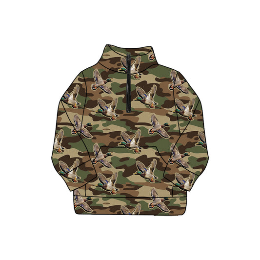 Adult Women Olive Brown Camo Ducks Pocket Zipper Yoga Pullover Tops