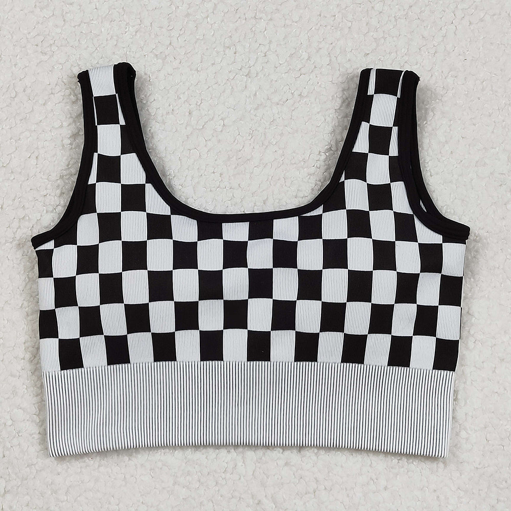 Adult Women Black Checkered Knitted Yoga Crop Bra Tops