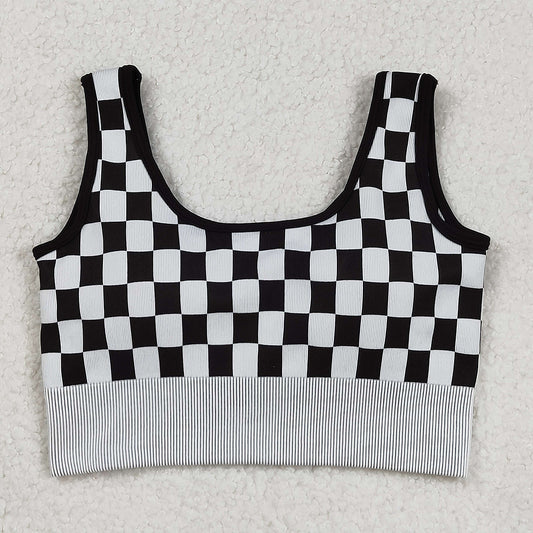 Adult Women Black Checkered Knitted Yoga Crop Bra Tops