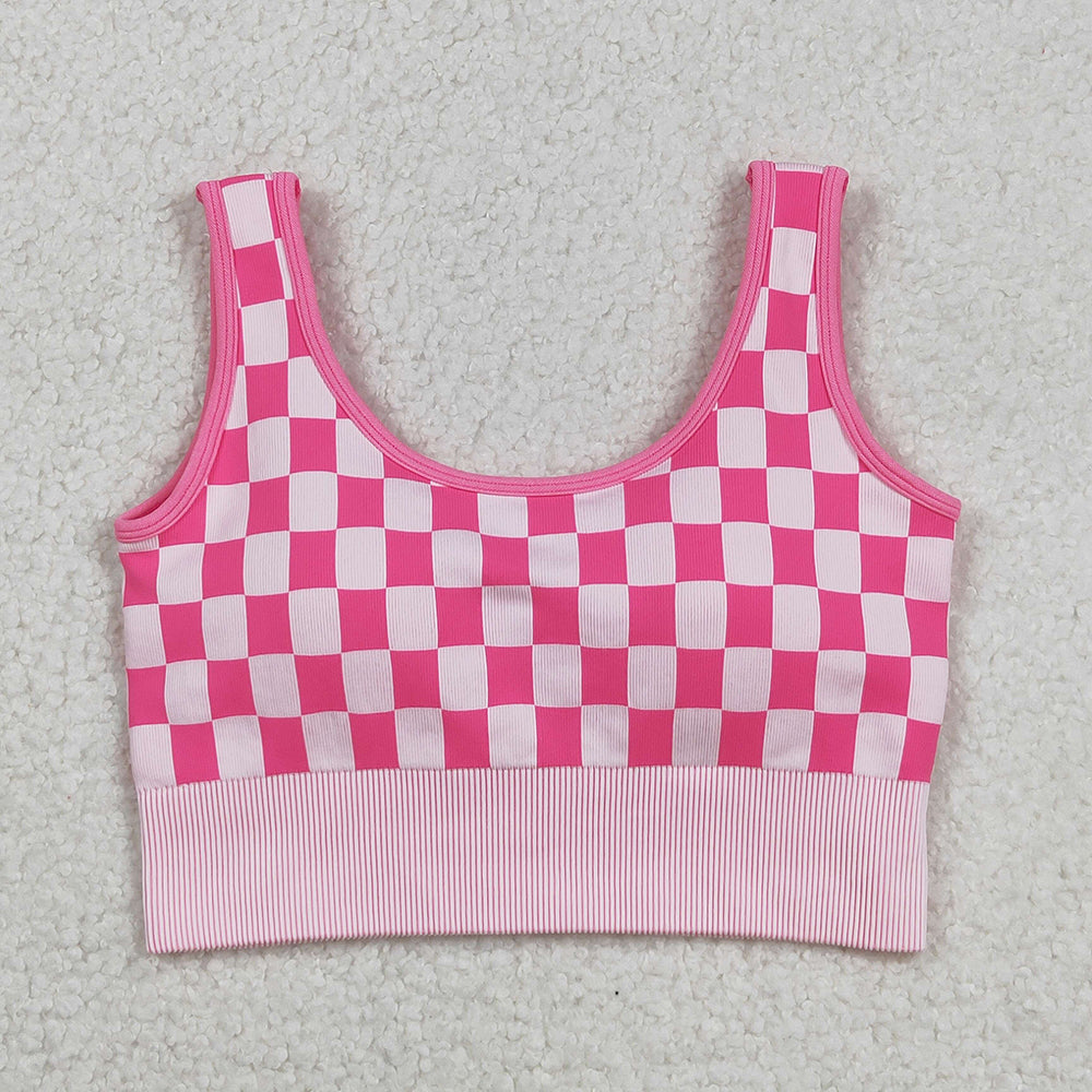 Adult Women Pink Checkered Knitted Yoga Crop Bra Tops