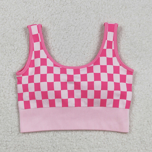 Adult Women Pink Checkered Knitted Yoga Crop Bra Tops