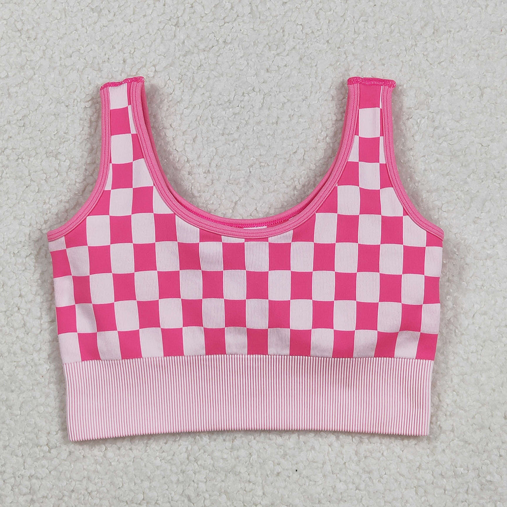 Adult Women Pink Checkered Knitted Yoga Crop Bra Tops