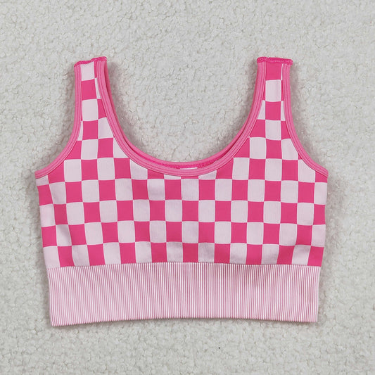 Adult Women Pink Checkered Knitted Yoga Crop Bra Tops