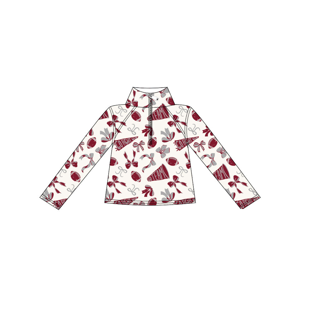 Baby Girls Dark Red Bows Go Team Yoga Zipper Pullovers Top Preorder