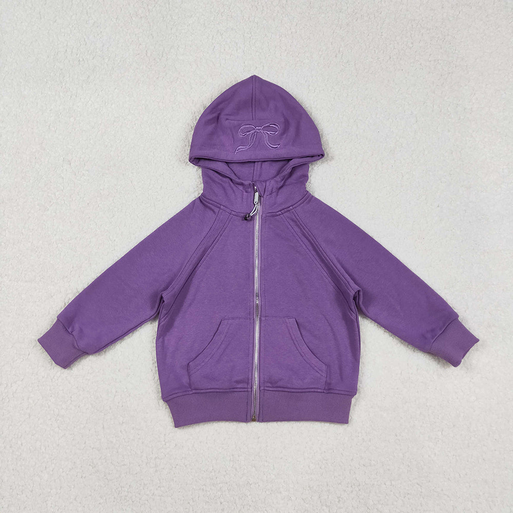 USA Shop Embroidery Bows Baby Girls Purple Long Sleeve Zipper Pockets Hoodies Jackets Top